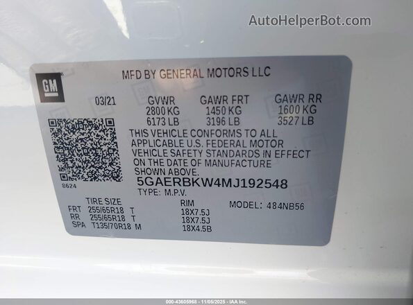 5GAERBKW4MJ192548 2021 BUICK ENCLAVE White Engine compartment view
