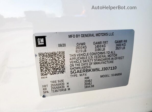 5GAERBKW5LJ307110 2020 BUICK ENCLAVE White VIN կոդի պիտակի տեսք