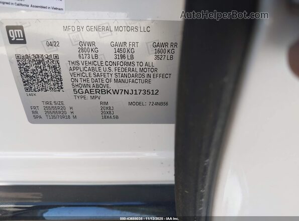 5GAERBKW7NJ173512 2022 BUICK ENCLAVE White Շարժիչի բաժամունքի տեսք