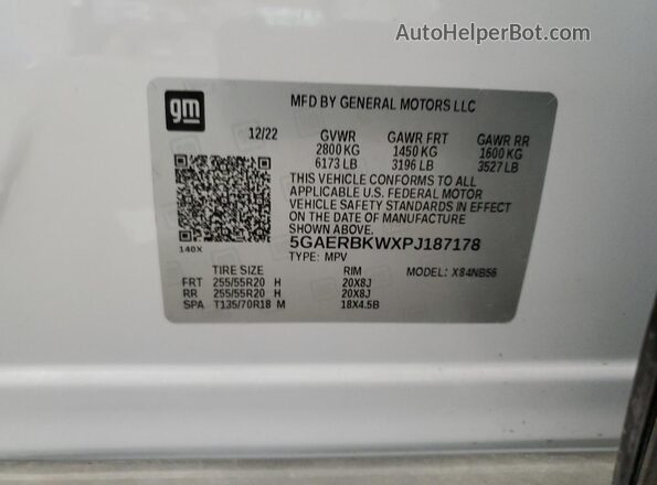 5GAERBKWXPJ187178 2023 BUICK ENCLAVE White VIN კოდის სტიკერის ხედი