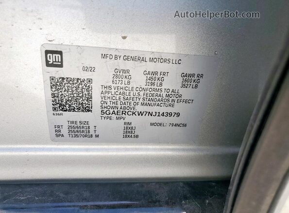 5GAERCKW7NJ143979 2022 BUICK ENCLAVE Silver VIN კოდის სტიკერის ხედი