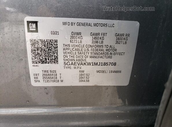 5GAEVAKW1MJ185708 2021 BUICK ENCLAVE Серый Вид наклейки с VIN-кодом