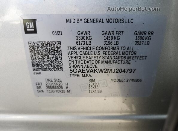 5GAEVAKW2MJ204797 2021 BUICK ENCLAVE Silver VIN sticker view
