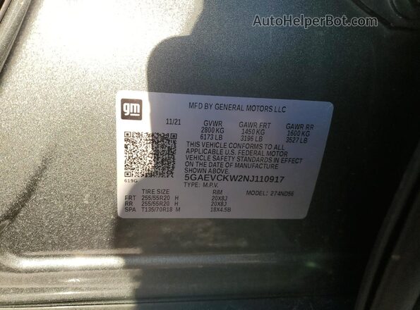 5GAEVCKW2NJ110917 2022 BUICK ENCLAVE Gray VIN კოდის სტიკერის ხედი