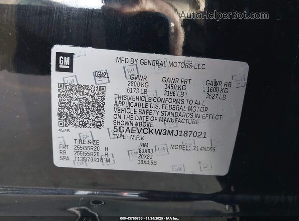 5GAEVCKW3MJ187021 2021 BUICK ENCLAVE Черный Вид подкапотного пространства