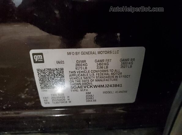 5GAEVCKW4MJ243841 2021 BUICK ENCLAVE Brown Widok naklejki z numerem VIN