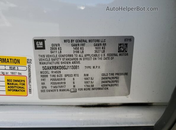 5GAKRBKD8GJ113081 2016 BUICK ENCLAVE Белый Вид наклейки с VIN-кодом