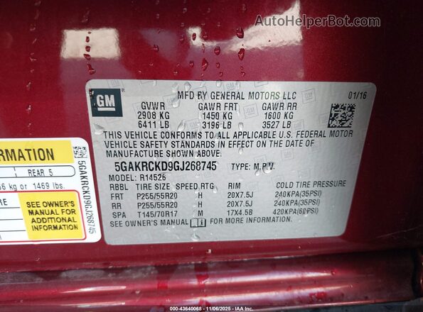5GAKRCKD9GJ268745 2016 BUICK ENCLAVE Maroon Вид підкапотного простору