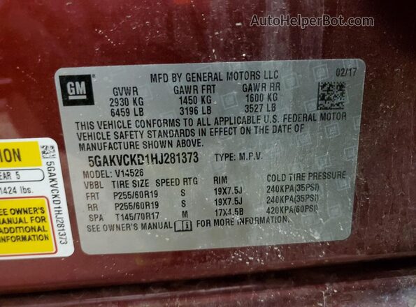 5GAKVCKD1HJ281373 2017 BUICK ENCLAVE Red 