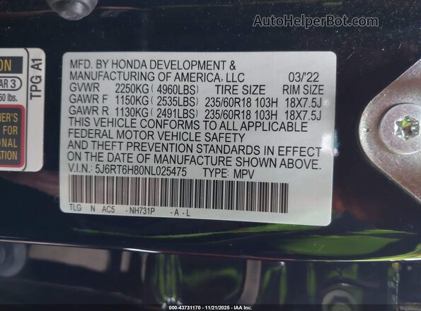 5J6RT6H80NL025475 2022 HONDA CR-V HYBRID Black 