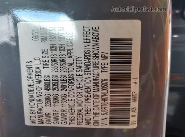 5J6RT6H87NL005076 2022 HONDA CR-V Gray VIN sticker view