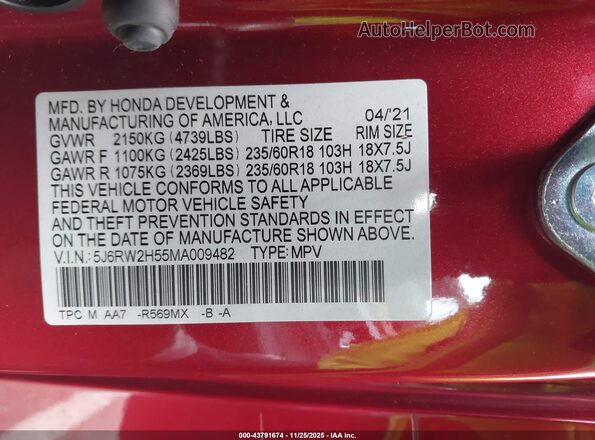 5J6RW2H55MA009482 2021 HONDA CR-V Red Շարժիչի բաժամունքի տեսք