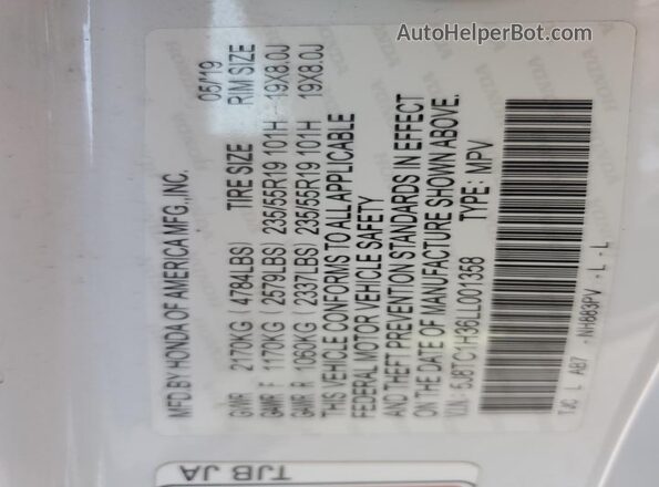5J8TC1H36LL001358 2020 ACURA RDX White VIN կոդի պիտակի տեսք