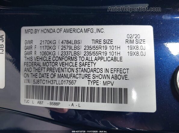 5J8TC1H37LL017567 2020 ACURA RDX Blue ძრავის განყოფილების ხედი