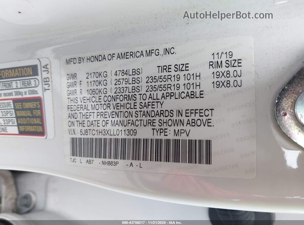 5J8TC1H3XLL011309 2020 ACURA RDX White Engine compartment view