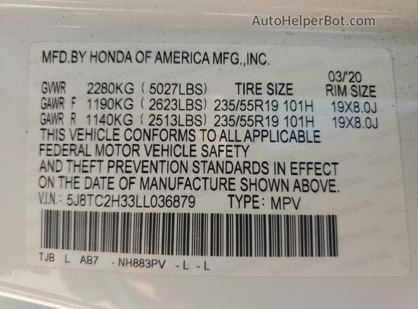 5J8TC2H33LL036879 2020 ACURA RDX White ძრავის განყოფილების ხედი