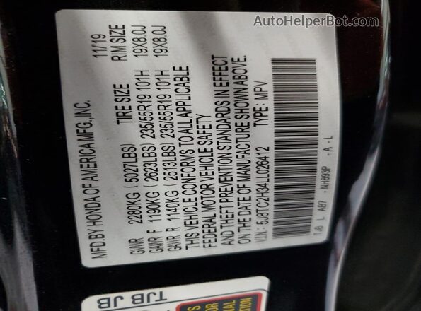 5J8TC2H34LL026412 2020 ACURA RDX Black VIN კოდის სტიკერის ხედი