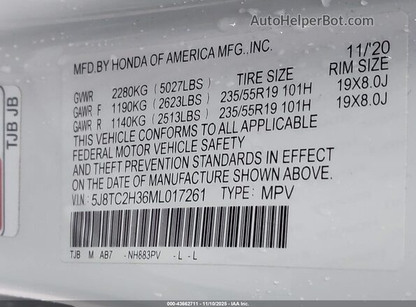 5J8TC2H36ML017261 2021 ACURA RDX White Շարժիչի բաժամունքի տեսք