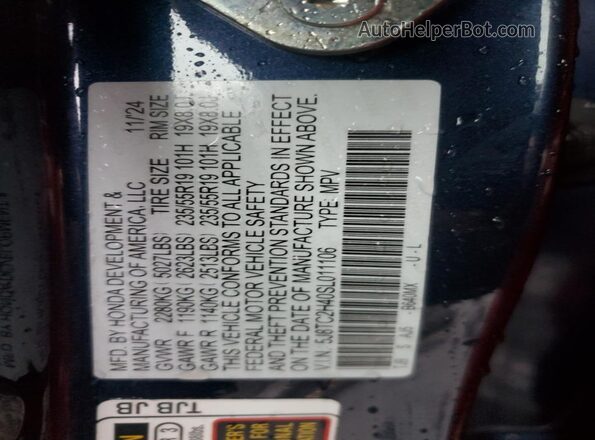 5J8TC2H40SL011106 2025 ACURA RDX Blue Widok naklejki z numerem VIN