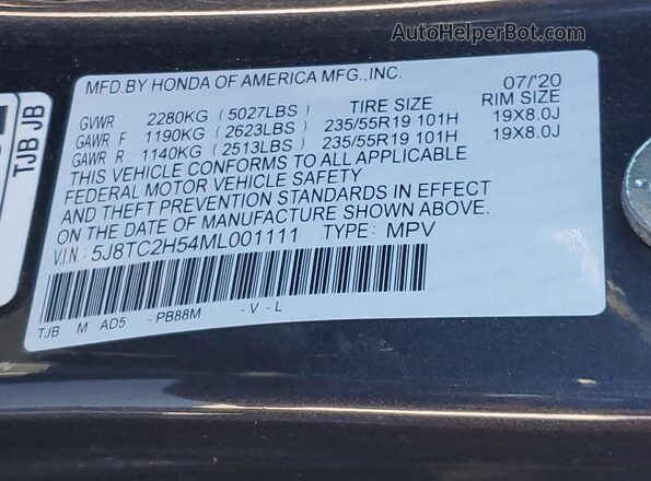 5J8TC2H54ML001111 2021 ACURA RDX Charcoal VIN კოდის სტიკერის ხედი