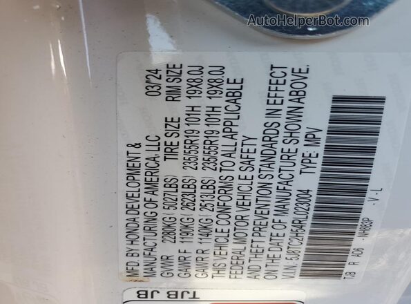 5J8TC2H54RL023004 2024 ACURA RDX White VIN კოდის სტიკერის ხედი