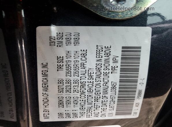 5J8TC2H57LL038457 2020 ACURA RDX Gray VIN კოდის სტიკერის ხედი