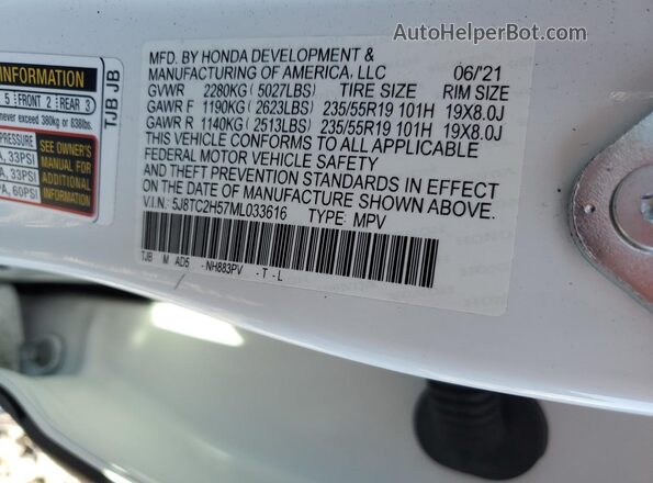 5J8TC2H57ML033616 2021 ACURA RDX White VIN კოდის სტიკერის ხედი