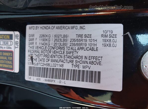5J8TC2H58LL021148 2020 ACURA RDX Black Vista del compartimento del motor