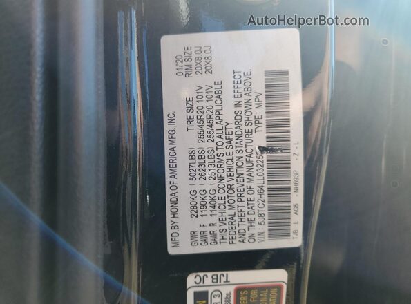5J8TC2H64LL032253 2020 ACURA RDX Black VIN კოდის სტიკერის ხედი
