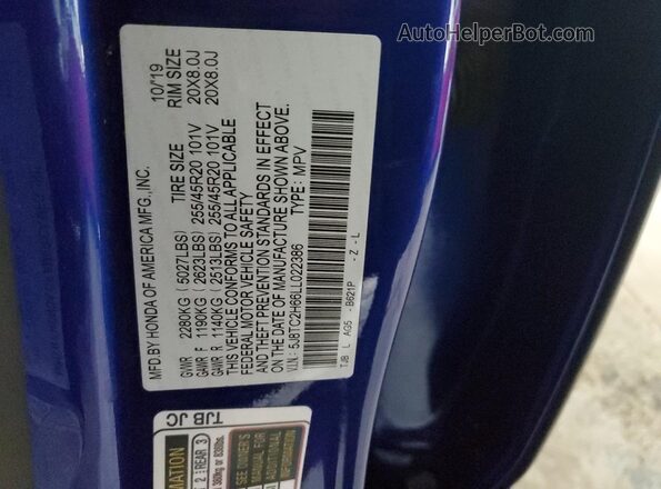 5J8TC2H66LL022386 2020 ACURA RDX Blue VIN კოდის სტიკერის ხედი