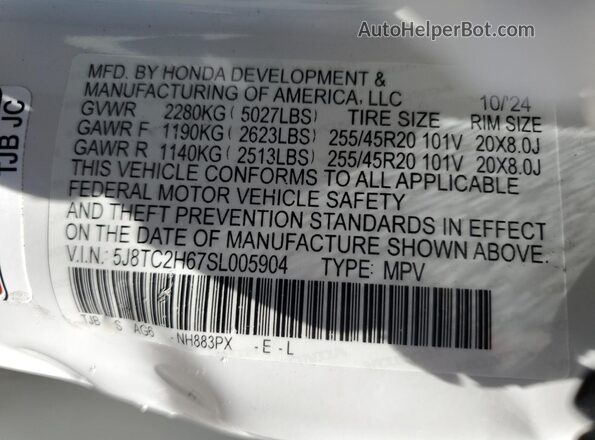5J8TC2H67SL005904 2025 ACURA RDX White Widok wnętrza 360 stopni