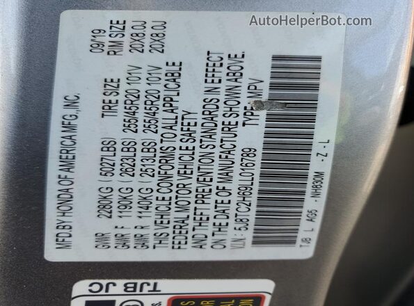 5J8TC2H69LL016789 2020 ACURA RDX Silver VIN კოდის სტიკერის ხედი