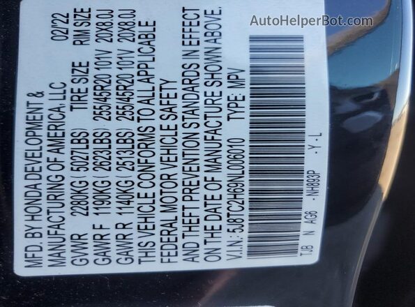 5J8TC2H69NL006010 2022 ACURA RDX Black VIN կոդի պիտակի տեսք