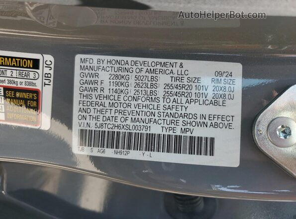 5J8TC2H6XSL003791 2025 ACURA RDX Gray Vista de la etiqueta del VIN