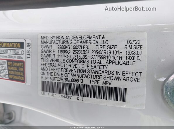 5J8TC2H76NL006913 2022 ACURA RDX White Widok komory silnika