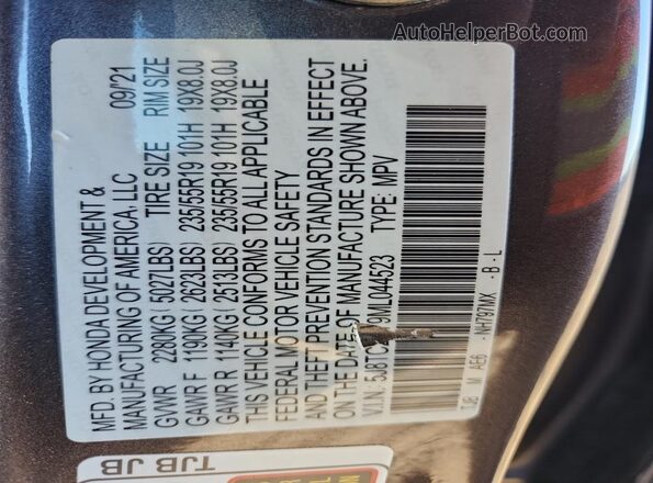 5J8TC2H79ML044523 2021 ACURA RDX Gray Widok naklejki z numerem VIN
