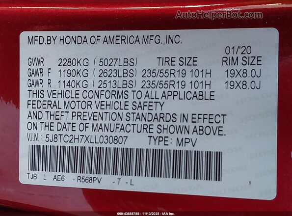 5J8TC2H7XLL030807 2020 ACURA RDX Red Вид підкапотного простору