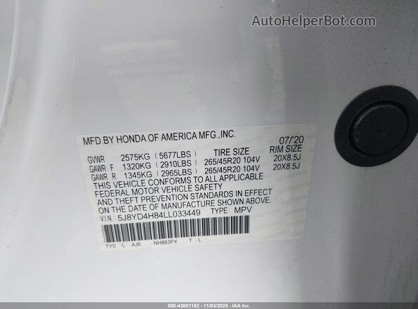 5J8YD4H84LL033449 2020 ACURA MDX White ძრავის განყოფილების ხედი