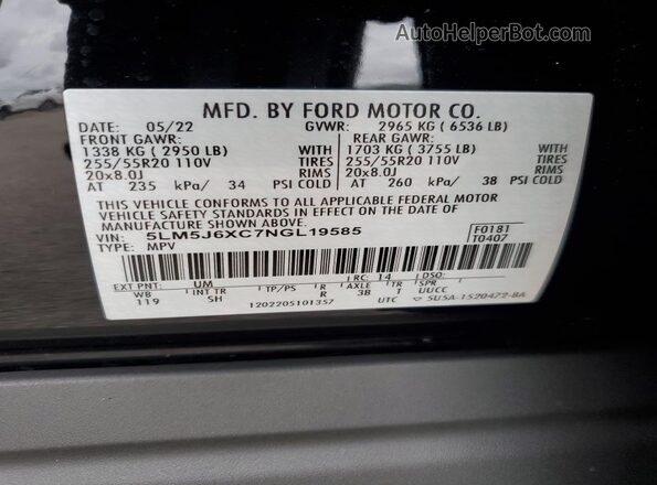 5LM5J6XC7NGL19585 2022 LINCOLN AVIATOR Black Vista interior de 360 grados
