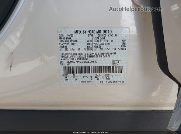 5LM5J7WC0MGL00852 2021 LINCOLN AVIATOR White Вид підкапотного простору