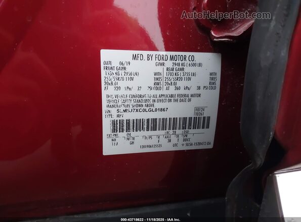 5LM5J7XC0LGL01867 2020 LINCOLN AVIATOR Red Widok komory silnika