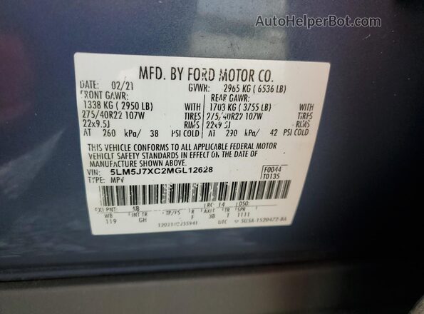 5LM5J7XC2MGL12628 2021 LINCOLN AVIATOR Blue Вид наклейки з VIN-кодом