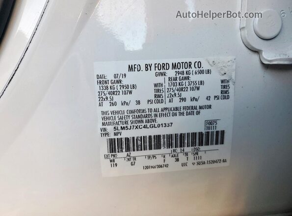 5LM5J7XC4LGL01337 2020 LINCOLN AVIATOR White VIN sticker view