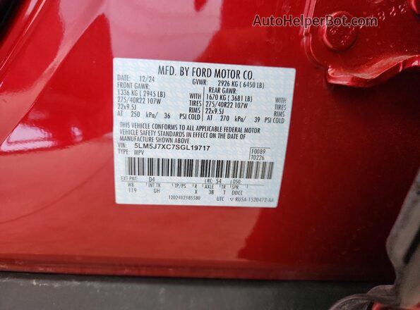 5LM5J7XC7SGL19717 2025 LINCOLN AVIATOR Red Widok naklejki z numerem VIN