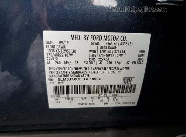 5LM5J7XC8LGL10994 2020 LINCOLN AVIATOR Blue VIN կոդի պիտակի տեսք