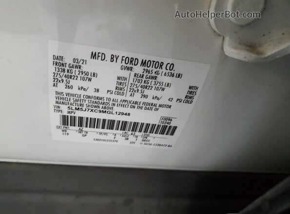 5LM5J7XC9MGL12948 2021 LINCOLN AVIATOR White VIN sticker view