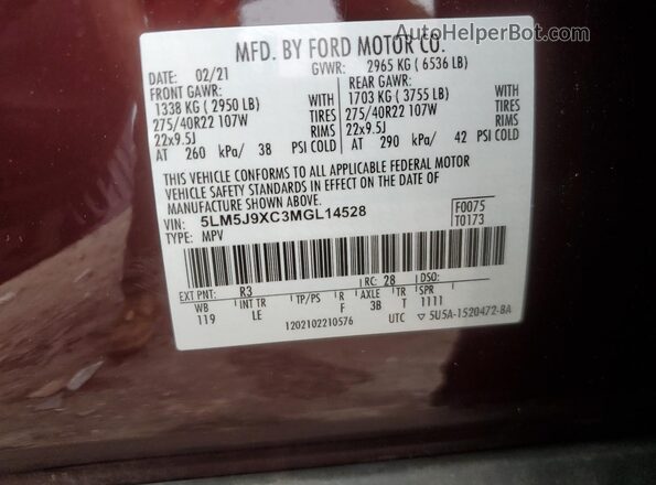 5LM5J9XC3MGL14528 2021 LINCOLN AVIATOR Maroon Вид наклейки з VIN-кодом