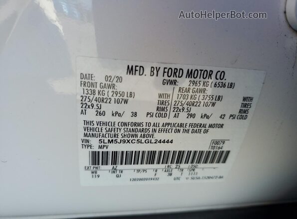 5LM5J9XC5LGL24444 2020 LINCOLN AVIATOR White სალონის 360-გრადუსიანი ხედი