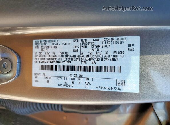 5LMCJ1C91MUL21093 2021 LINCOLN CORSAIR Желто-коричневый Вид наклейки с VIN-кодом
