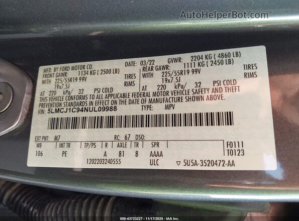 5LMCJ1C94NUL09988 2022 LINCOLN CORSAIR Gray Widok komory silnika